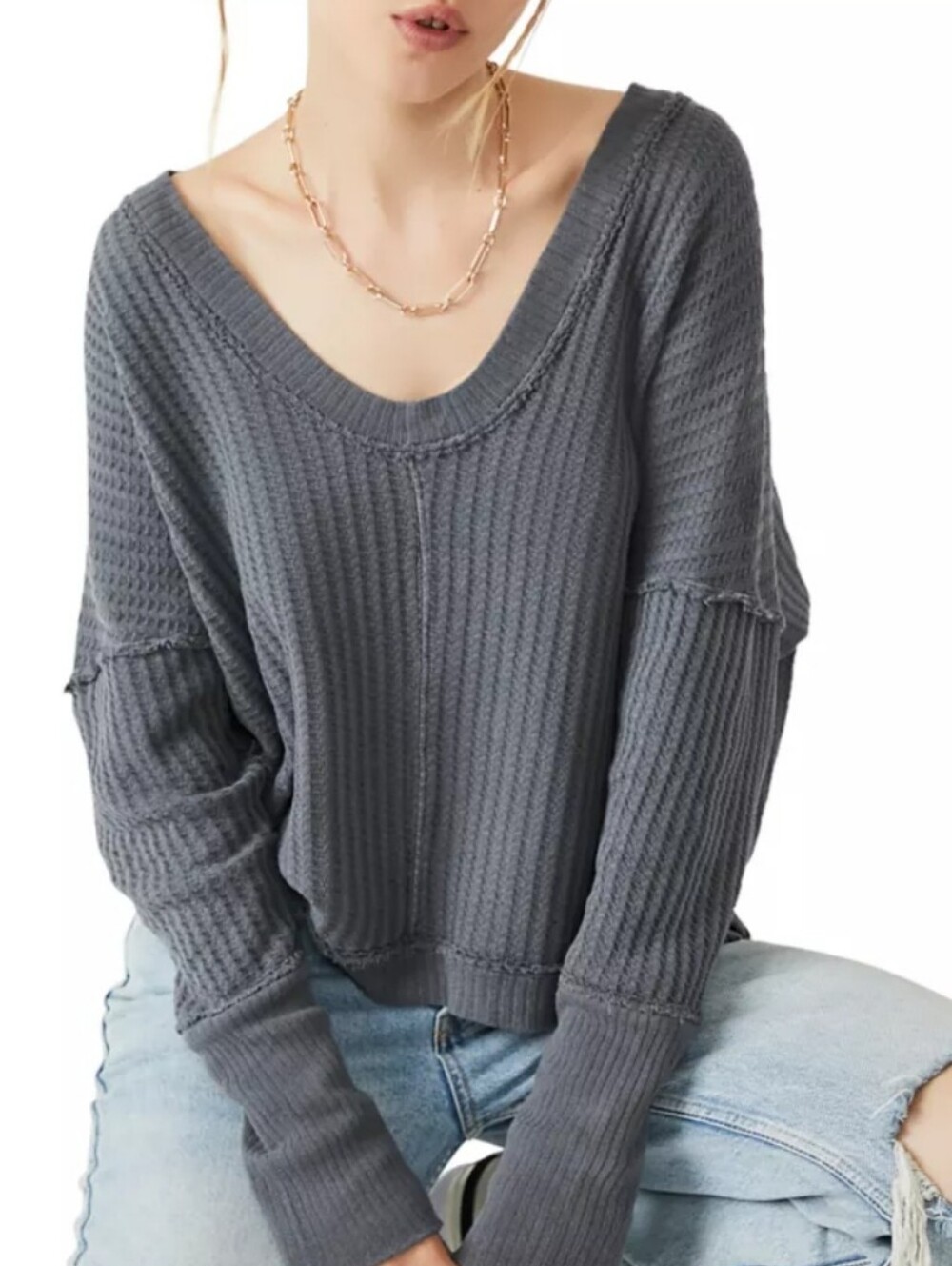 We The Free New Magic Waffle Knit Long Sleeve Crop Top - Gray Sz M Oversized